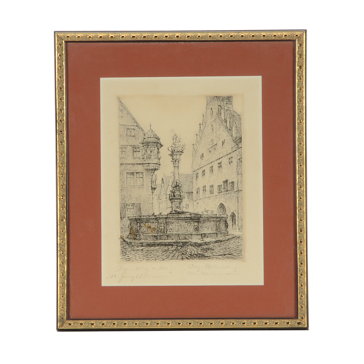 Original Signed Etching of a Fountain