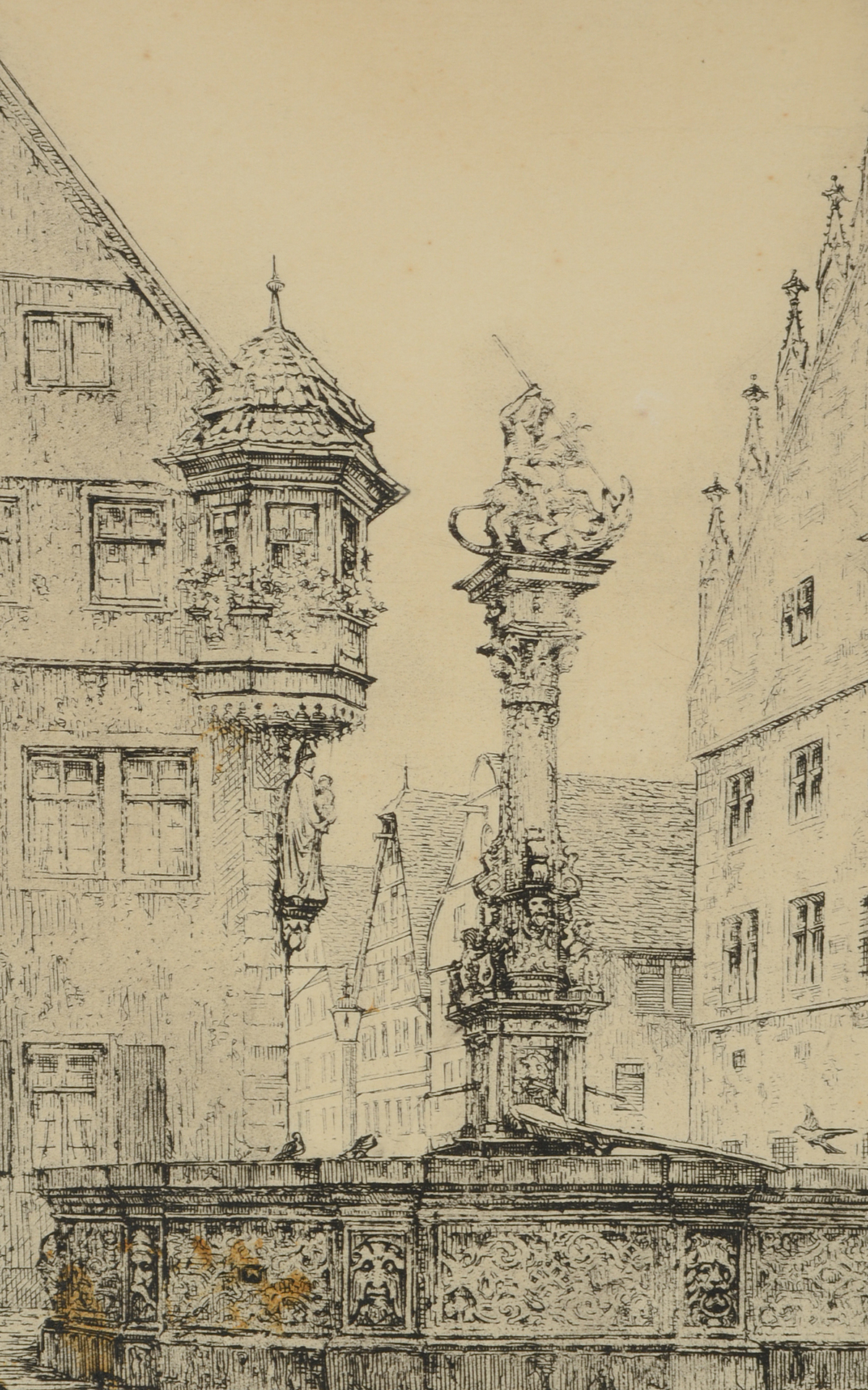 Original Signed Etching of a Fountain