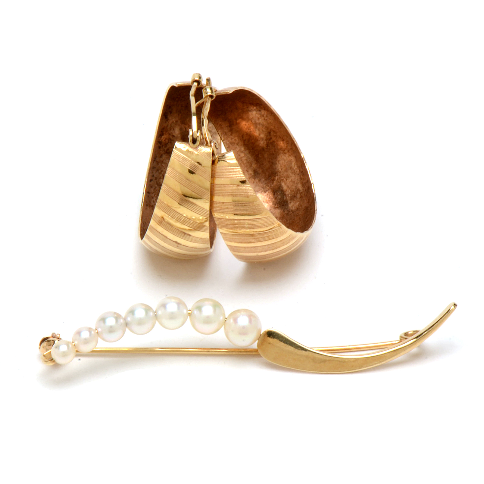 Italian 14K Yellow Gold Hoop Earrings and 14K Cultured Pearl Pin