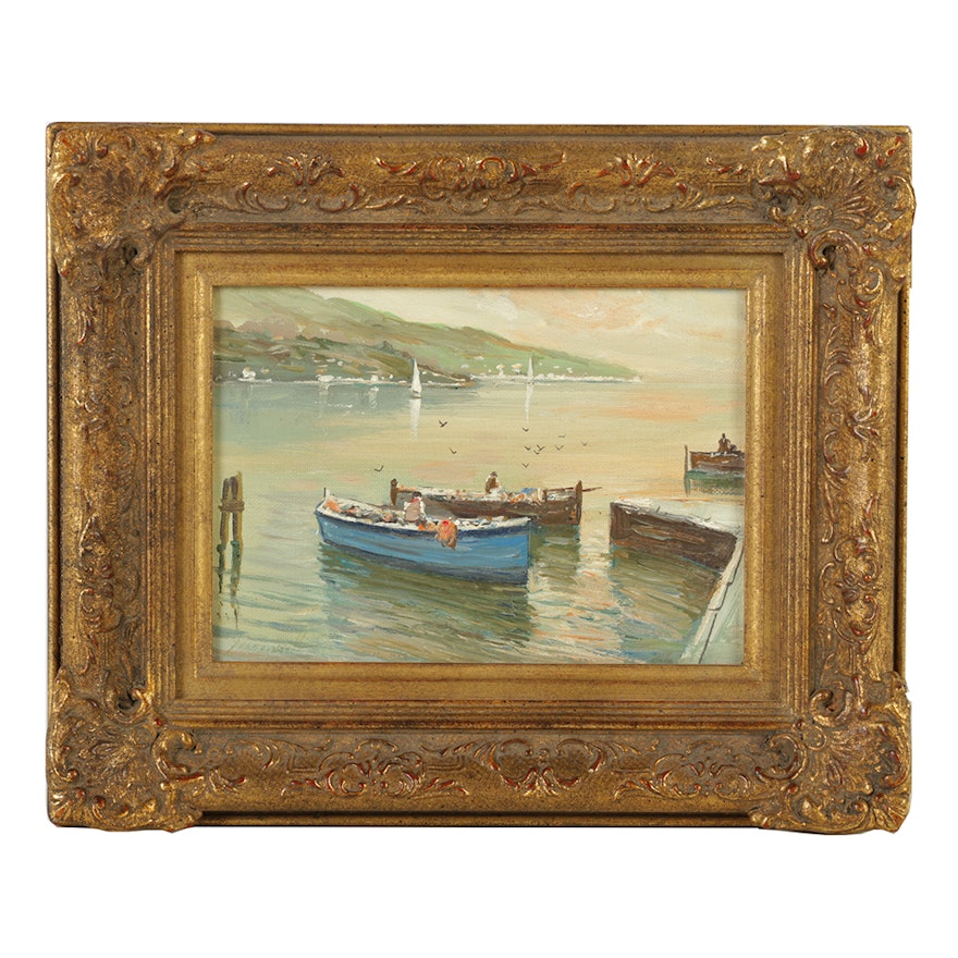 Daniele Marianelli Oil Painting on Canvas Board Harbor Scene