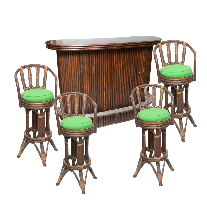 Vintage Tiki Bar With Rattan Bar Stools