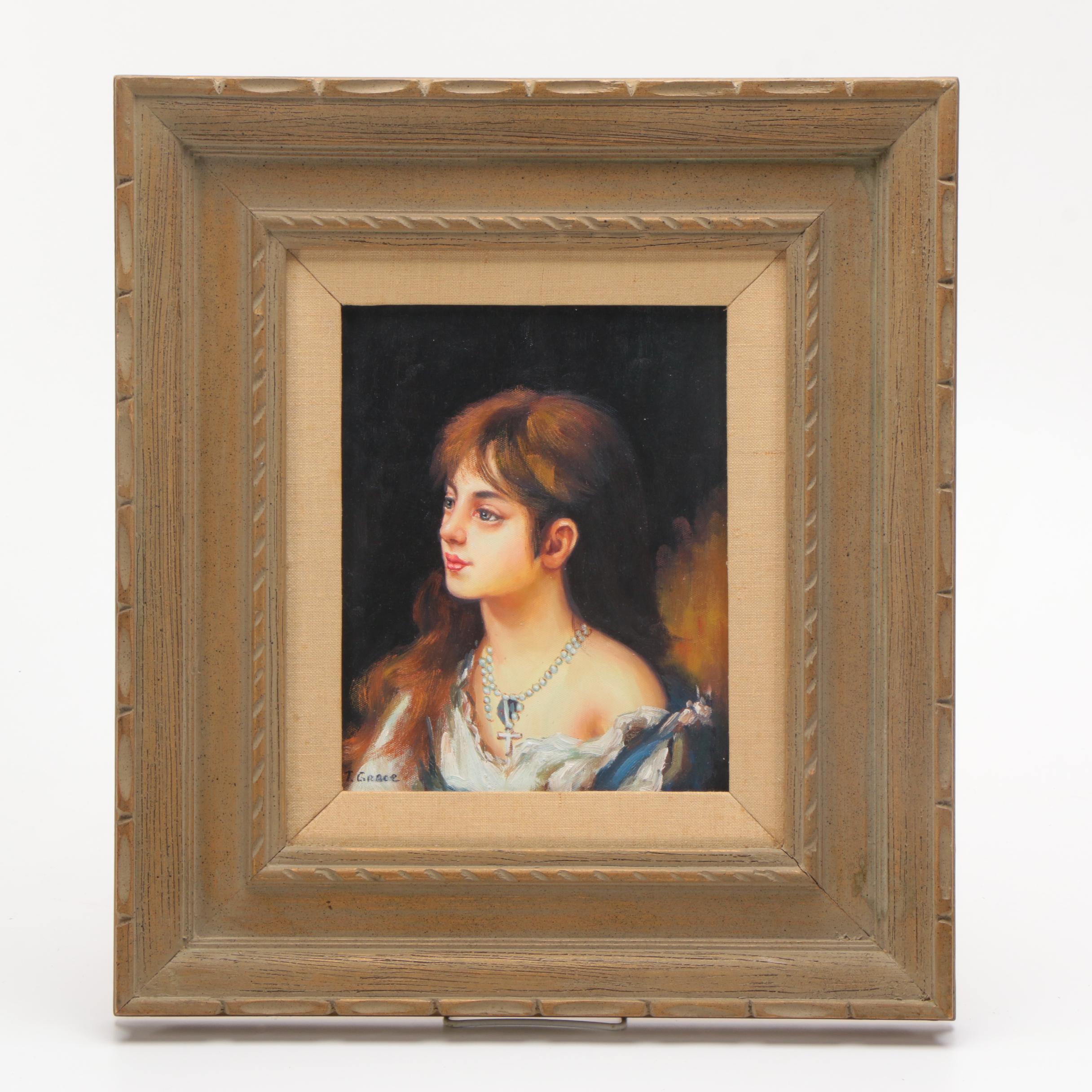 T. Grace Oil Portrait Painting of a Young Woman