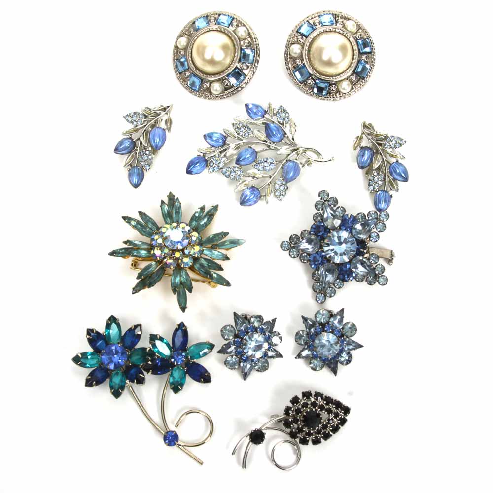 Collection of Blue-Toned Costume Rhinestone Jewelry