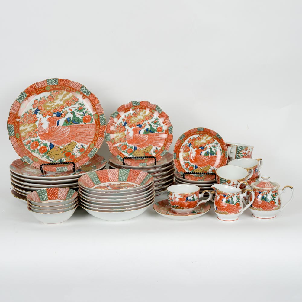 Vintage Arita Japanese Fine China in Imari Peacock Pattern Serving Set