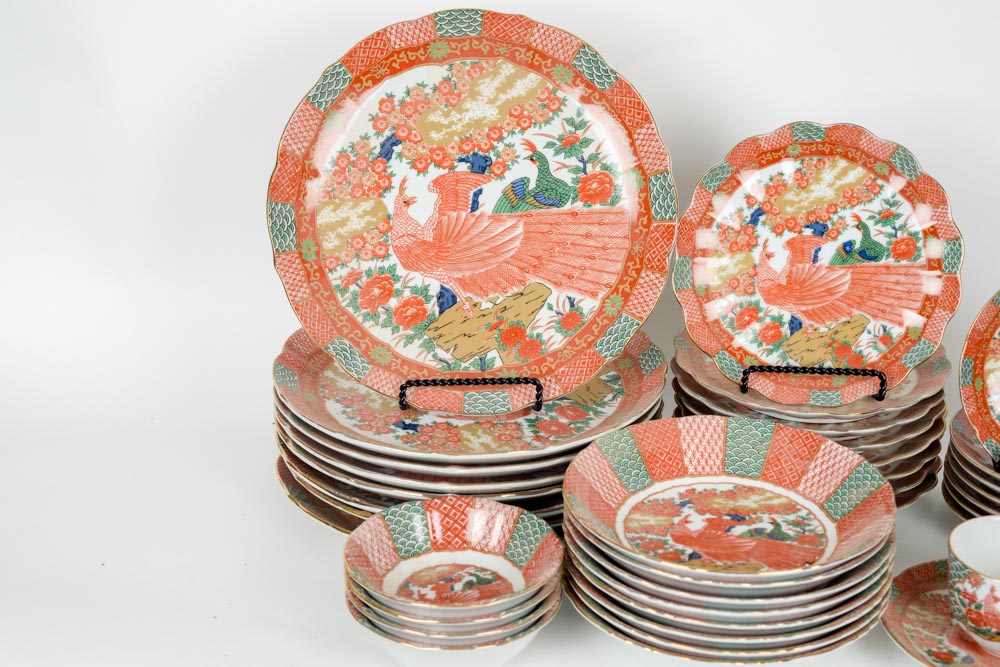 Vintage Arita Japanese Fine China in Imari Peacock Pattern Serving Set