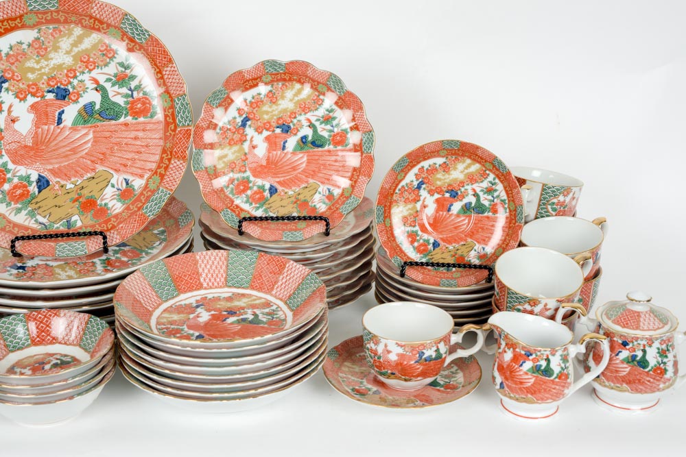 Vintage Arita Japanese Fine China in Imari Peacock Pattern Serving Set