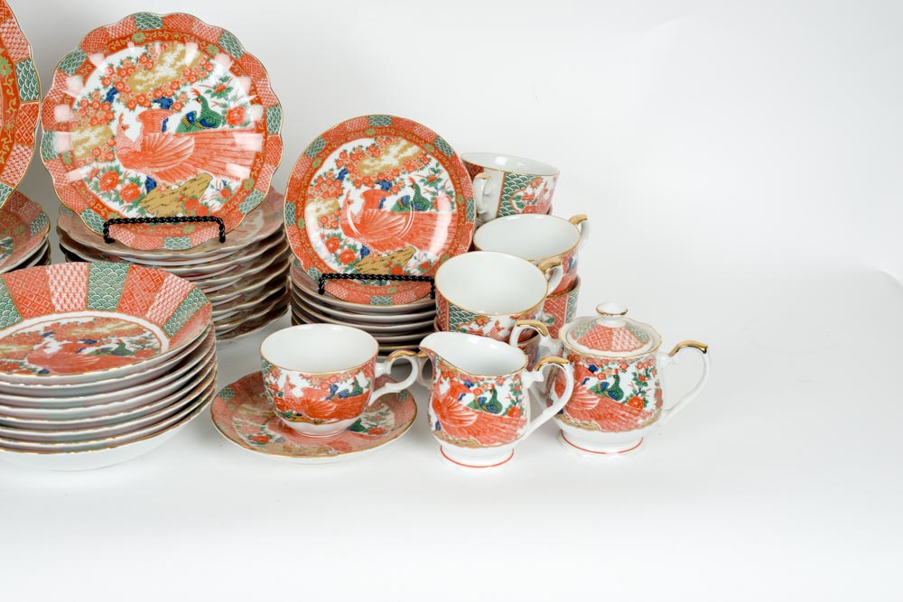 Vintage Arita Japanese Fine China in Imari Peacock Pattern Serving Set
