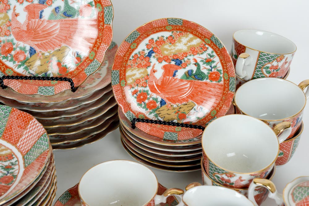 Vintage Arita Japanese Fine China in Imari Peacock Pattern Serving Set