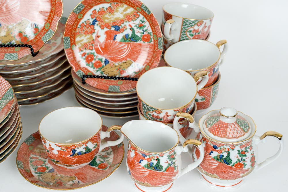 Vintage Arita Japanese Fine China in Imari Peacock Pattern Serving Set