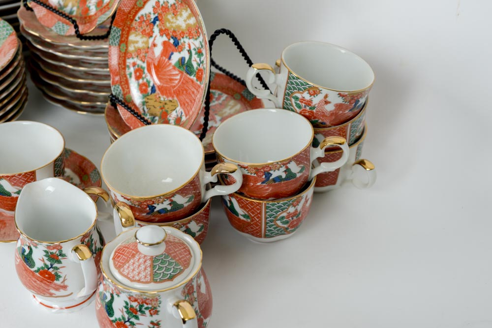 Vintage Arita Japanese Fine China in Imari Peacock Pattern Serving Set