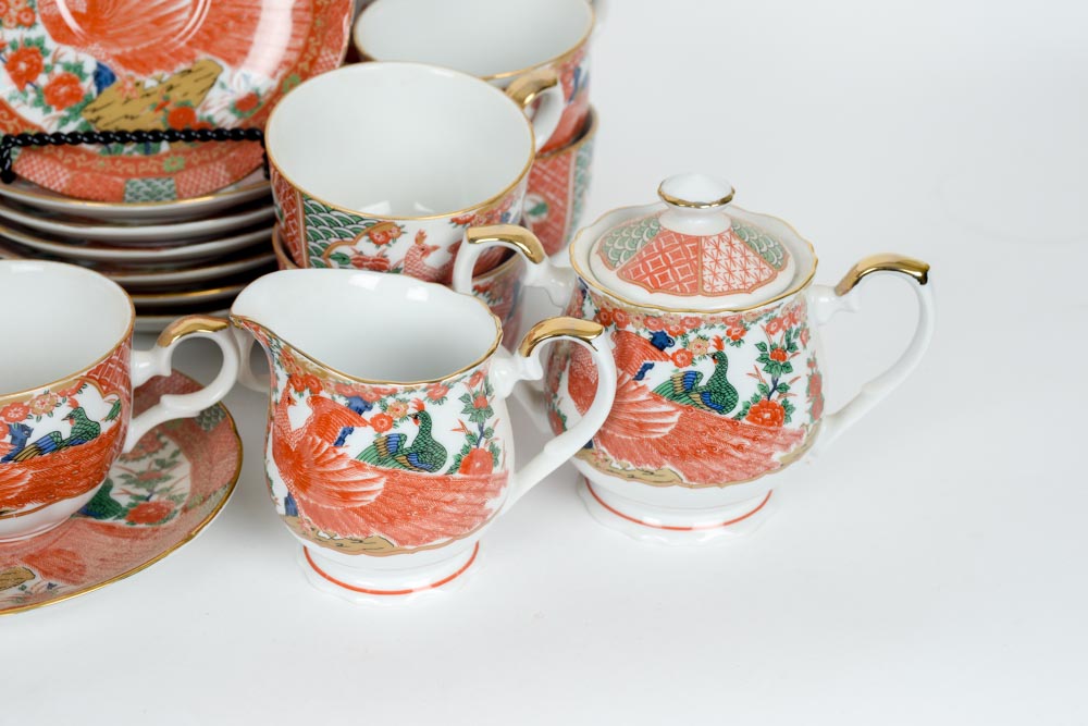 Vintage Arita Japanese Fine China in Imari Peacock Pattern Serving Set