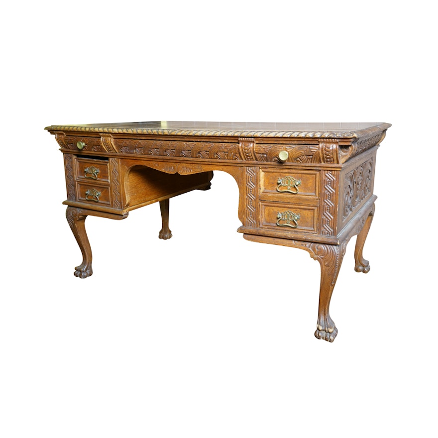 Antique Figural Carved English Oak Desk