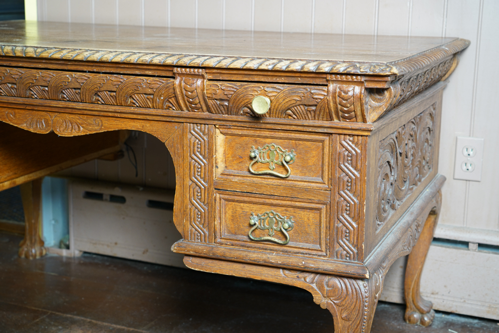 Antique Figural Carved English Oak Desk