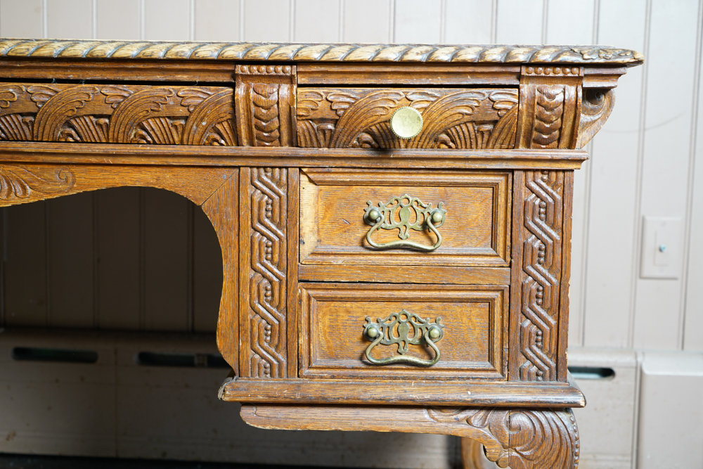 Antique Figural Carved English Oak Desk