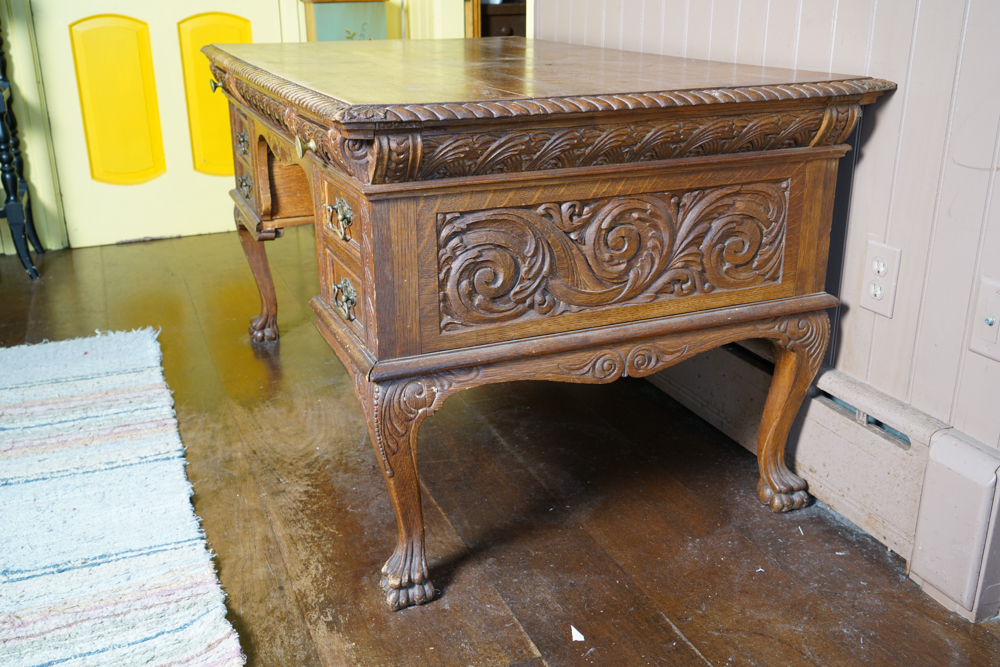 Antique Figural Carved English Oak Desk
