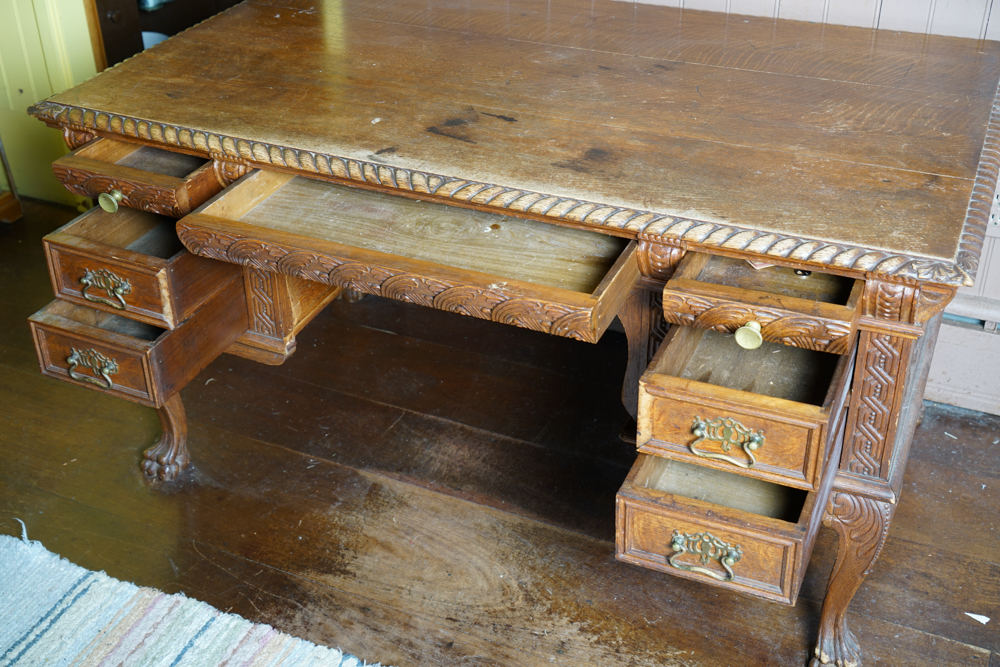 Antique Figural Carved English Oak Desk