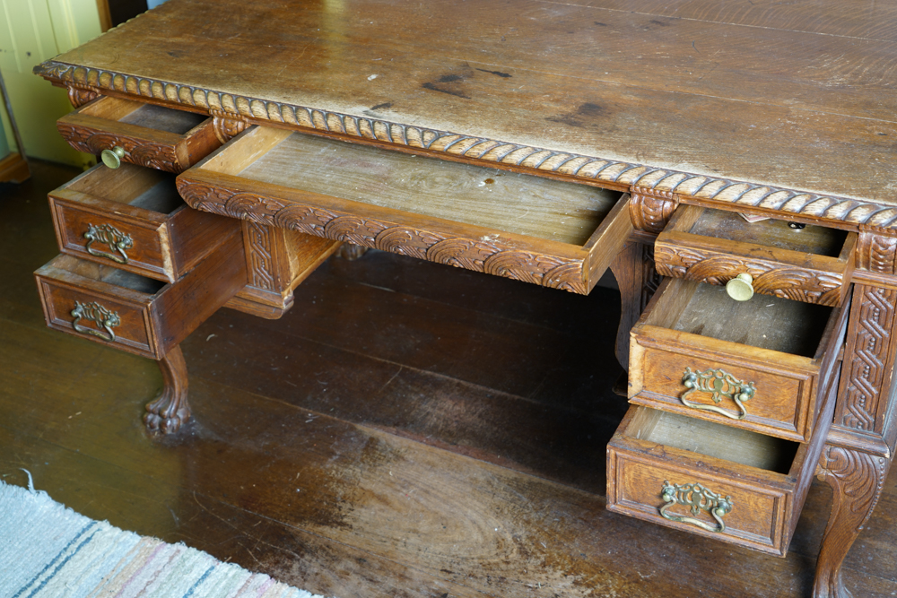 Antique Figural Carved English Oak Desk