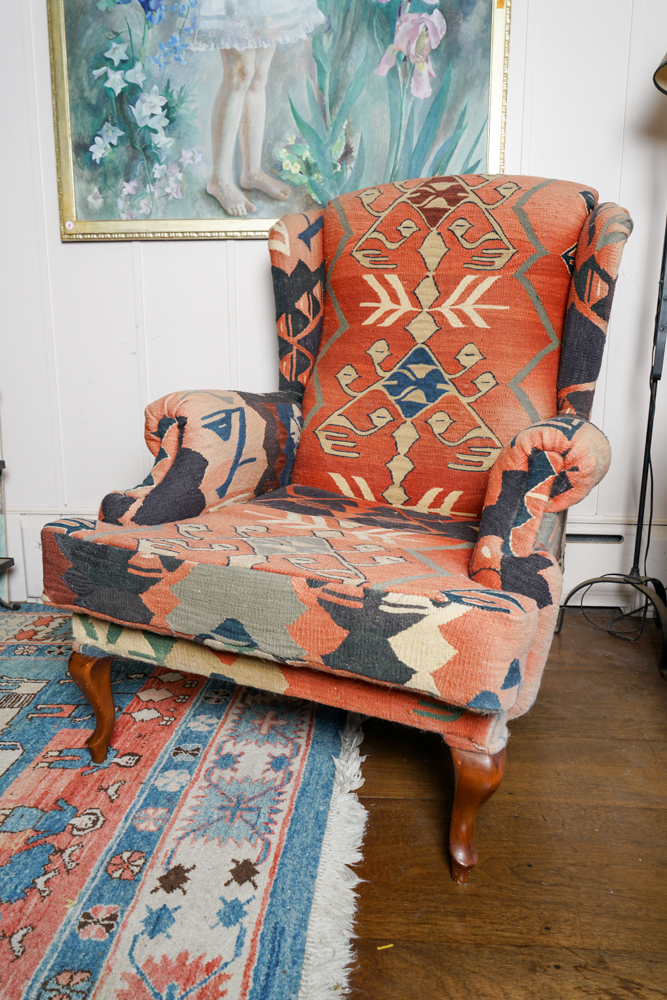 Vintage Kilim Upholstered Wingback Chair