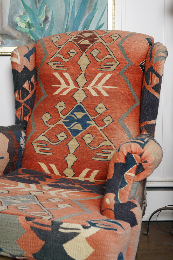 Vintage Kilim Upholstered Wingback Chair