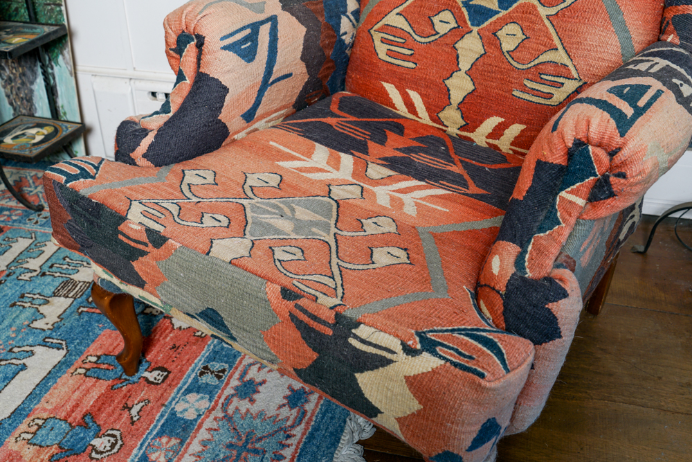 Vintage Kilim Upholstered Wingback Chair