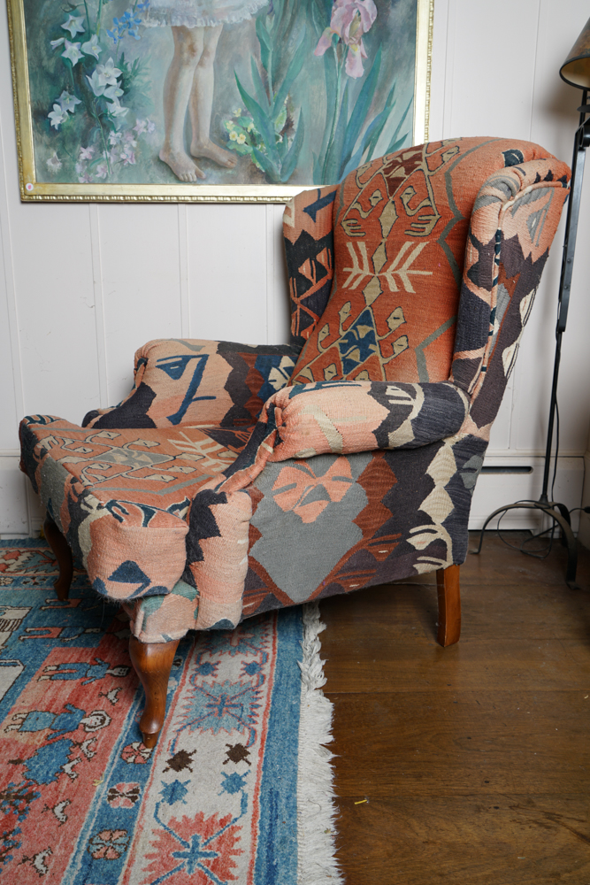 Vintage Kilim Upholstered Wingback Chair