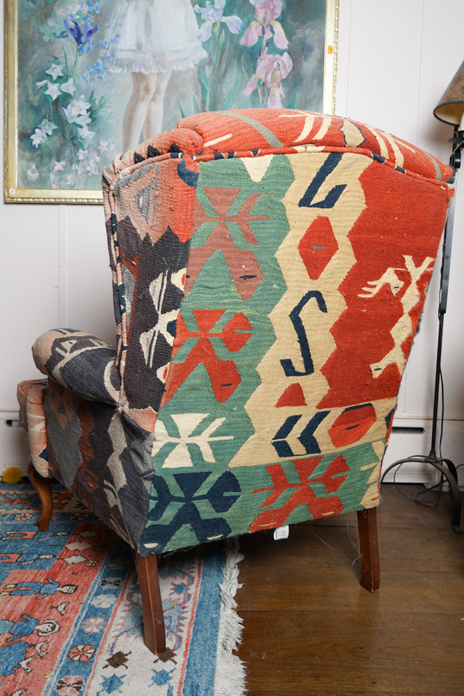 Vintage Kilim Upholstered Wingback Chair