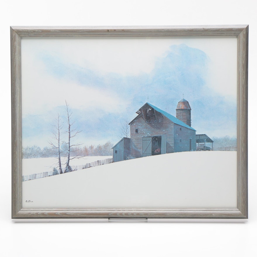 Alan Carter Offset Lithograph of a Barn In Winter
