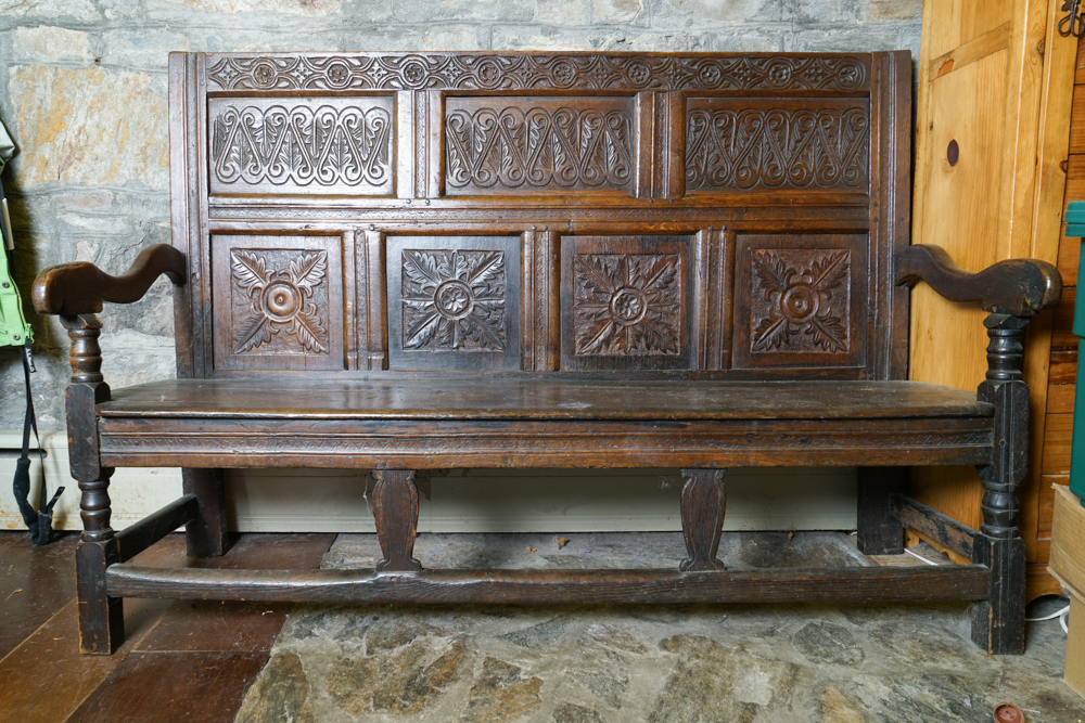 Antique Jacobean Style Hand-Carved Oak Bench