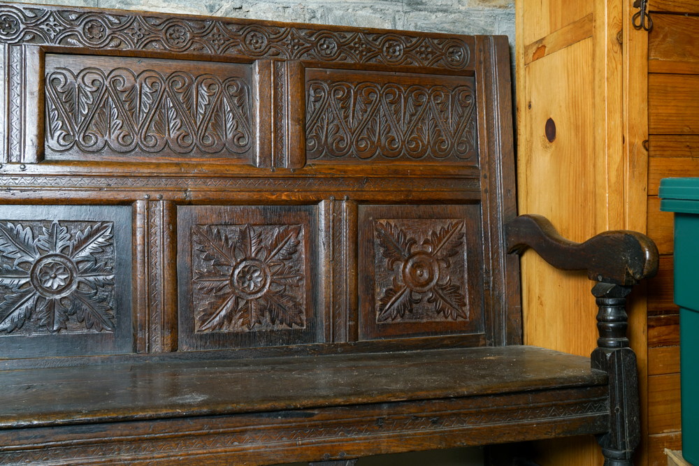 Antique Jacobean Style Hand-Carved Oak Bench