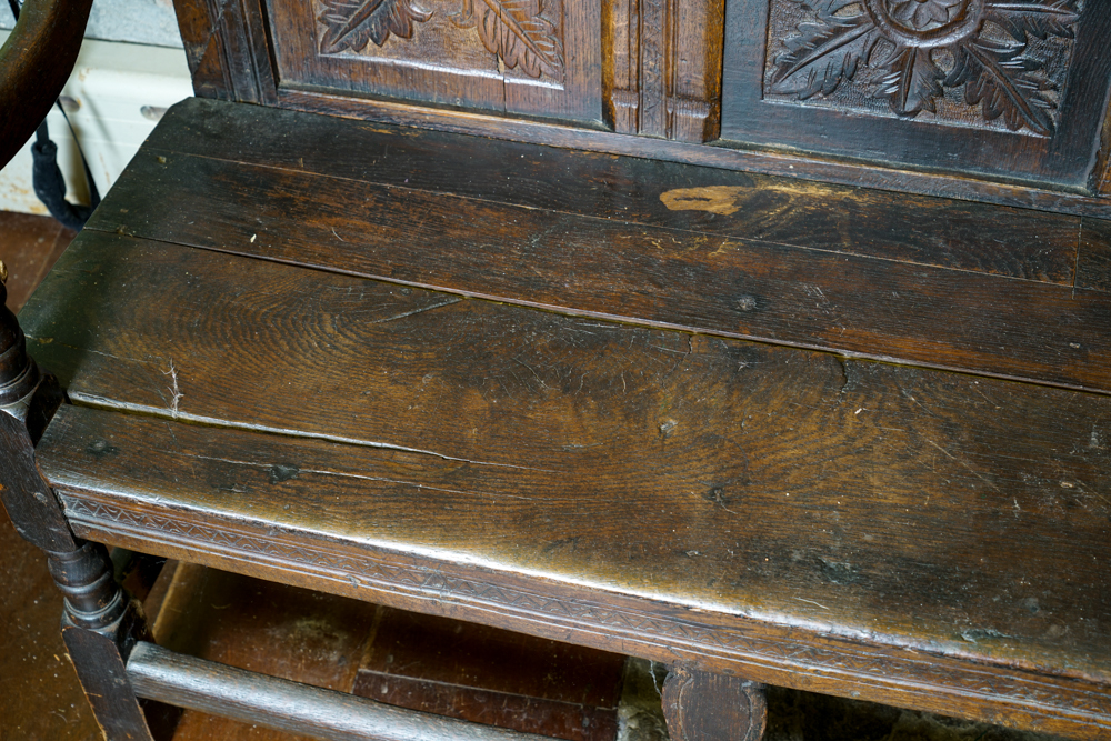 Antique Jacobean Style Hand-Carved Oak Bench