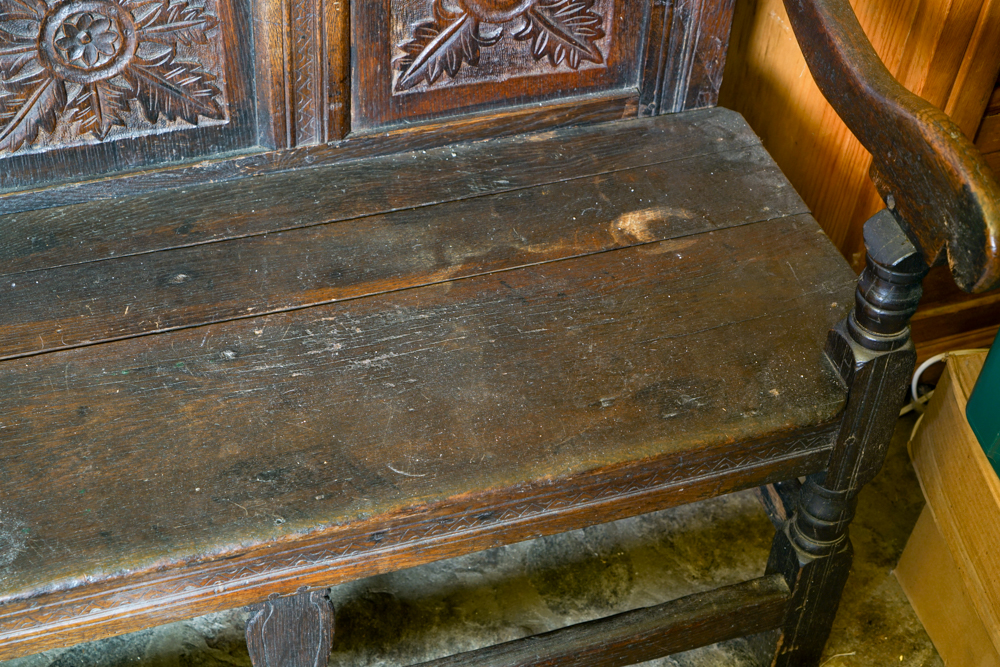 Antique Jacobean Style Hand-Carved Oak Bench