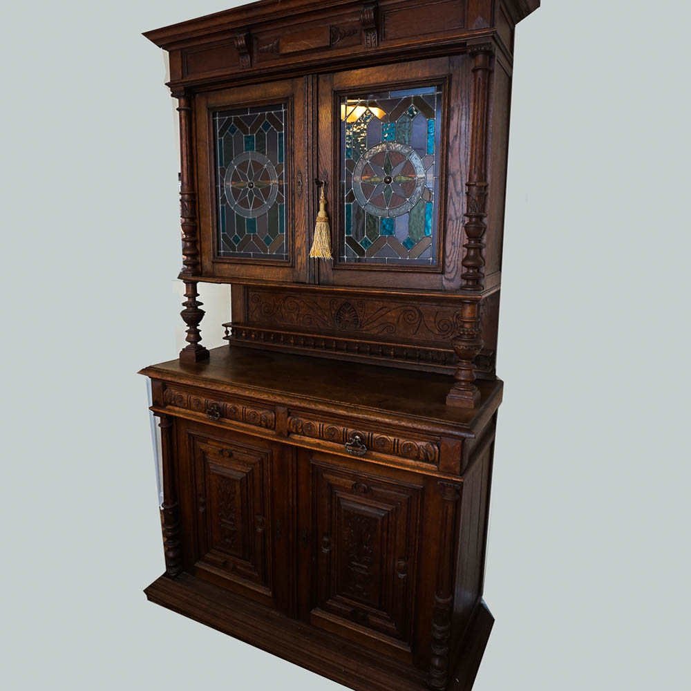 Antique Henri II Style Oak Buffet a Deux Corps w. Stained Glass