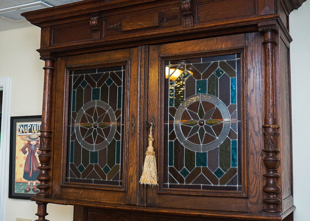 Antique Henri II Style Oak Buffet a Deux Corps w. Stained Glass
