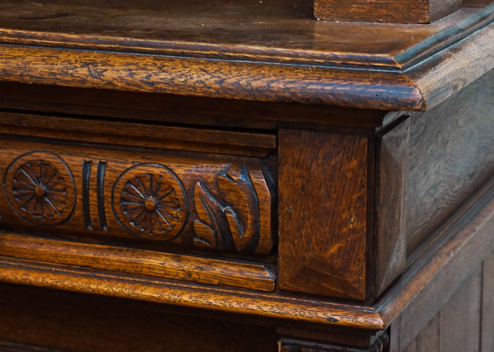 Antique Henri II Style Oak Buffet a Deux Corps w. Stained Glass