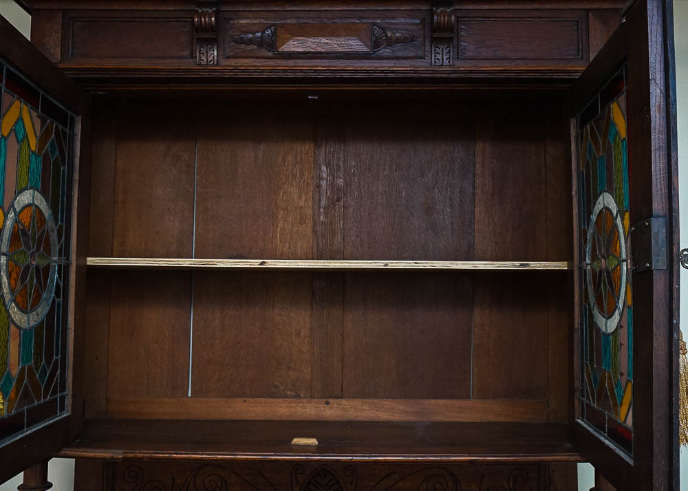 Antique Henri II Style Oak Buffet a Deux Corps w. Stained Glass