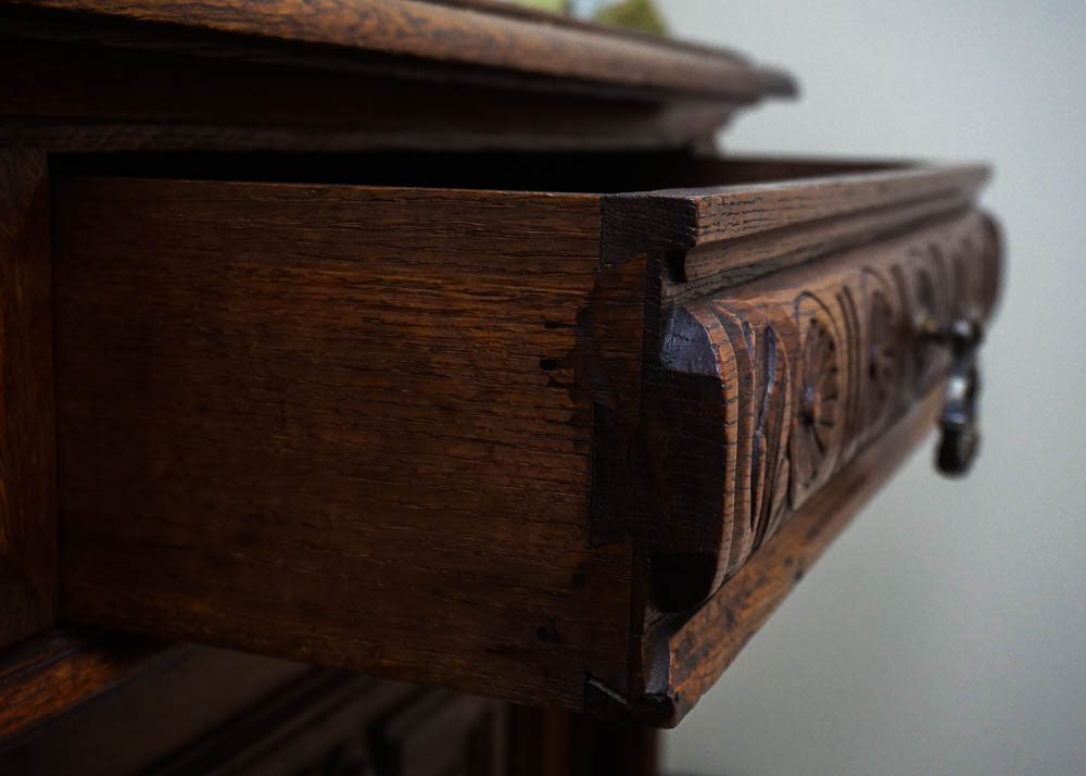 Antique Henri II Style Oak Buffet a Deux Corps w. Stained Glass