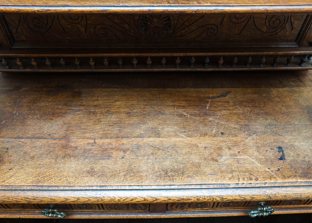 Antique Henri II Style Oak Buffet a Deux Corps w. Stained Glass