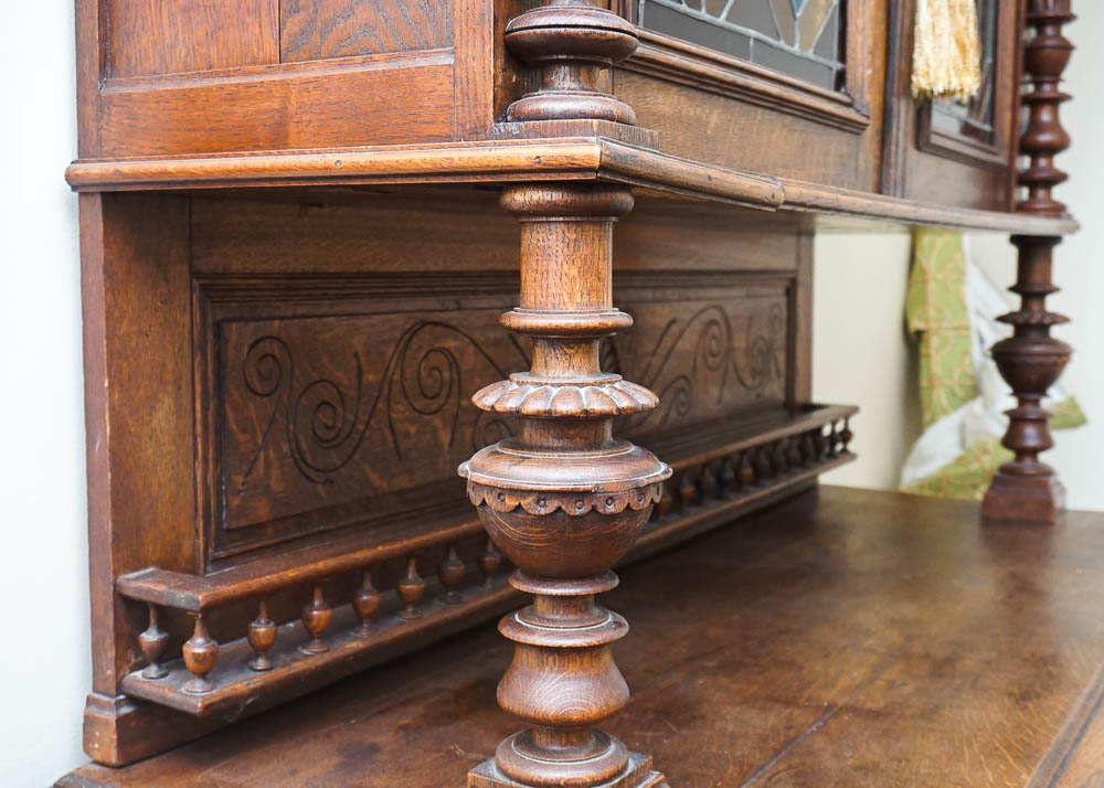 Antique Henri II Style Oak Buffet a Deux Corps w. Stained Glass