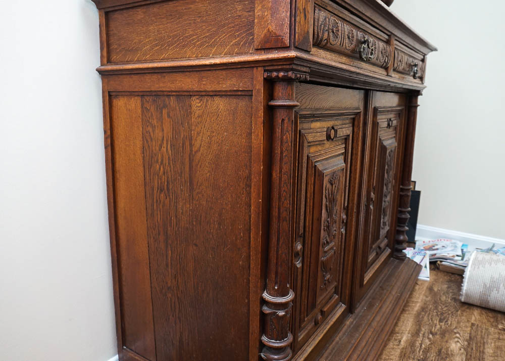 Antique Henri II Style Oak Buffet a Deux Corps w. Stained Glass