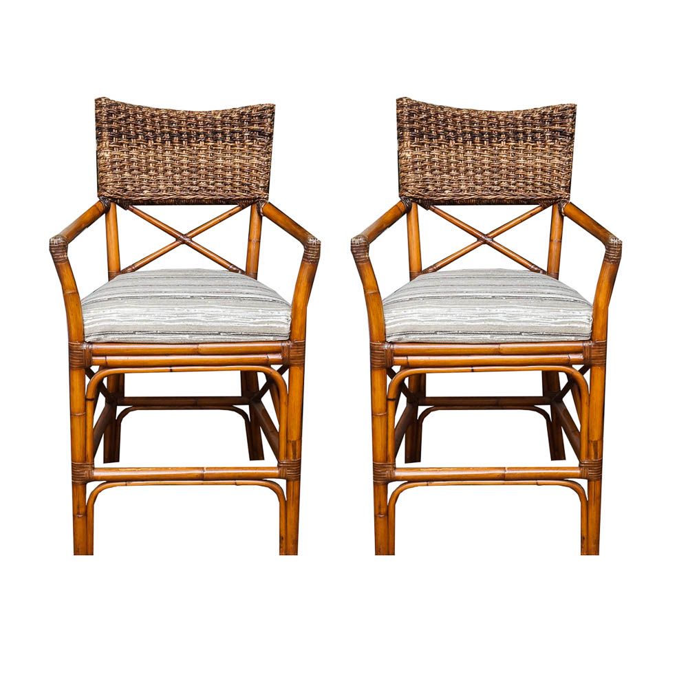 Pair of Rattan and Rope Counter Stools