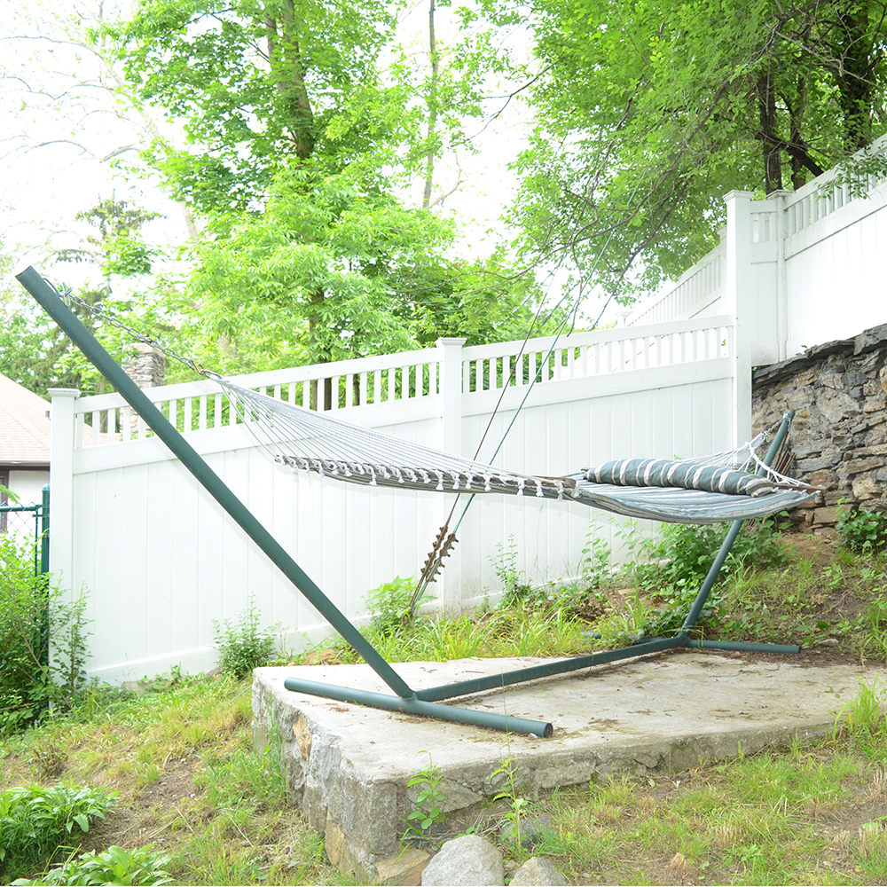 Green Striped Hammock With Self Supporting Metal Frame