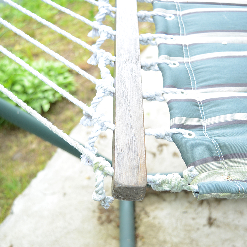 Green Striped Hammock With Self Supporting Metal Frame