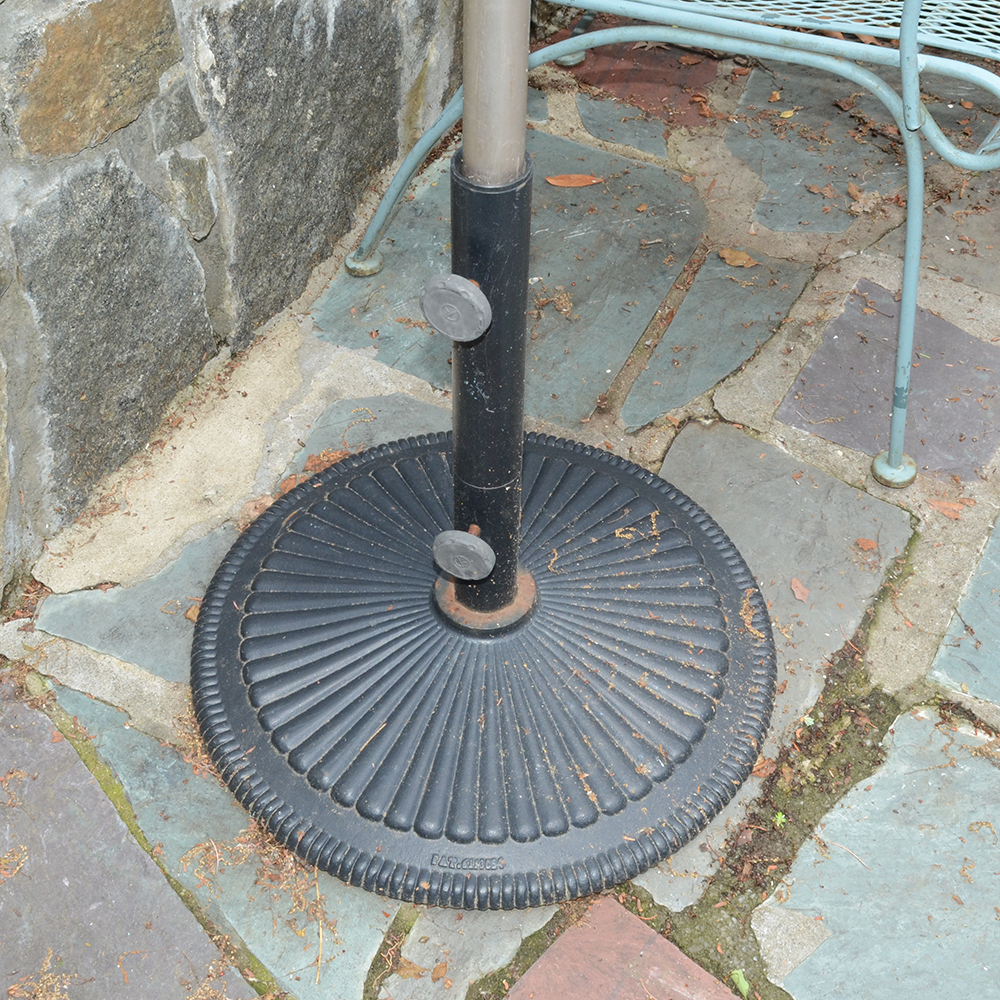 Vintage Iron Patio Set With Umbrella, Chairs and Side Table