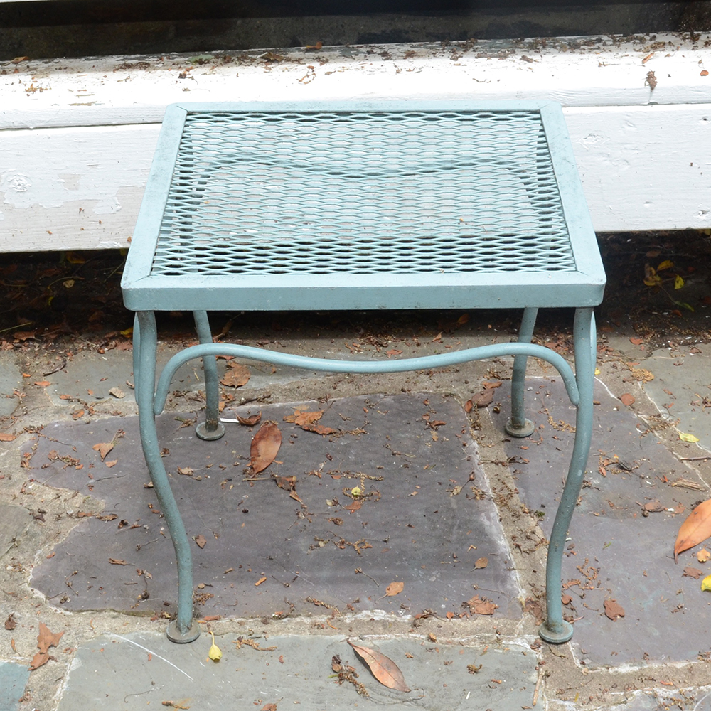 Vintage Iron Patio Set With Umbrella, Chairs and Side Table