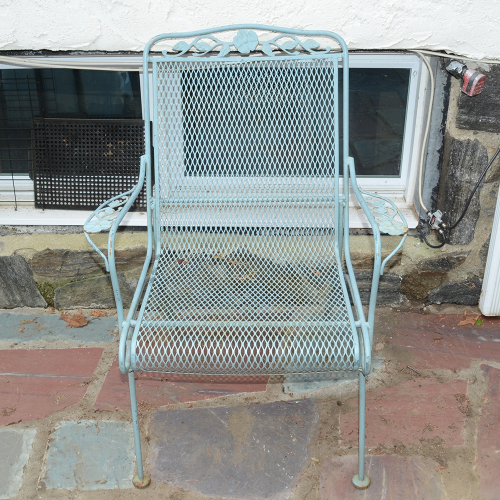 Vintage Iron Patio Set With Umbrella, Chairs and Side Table