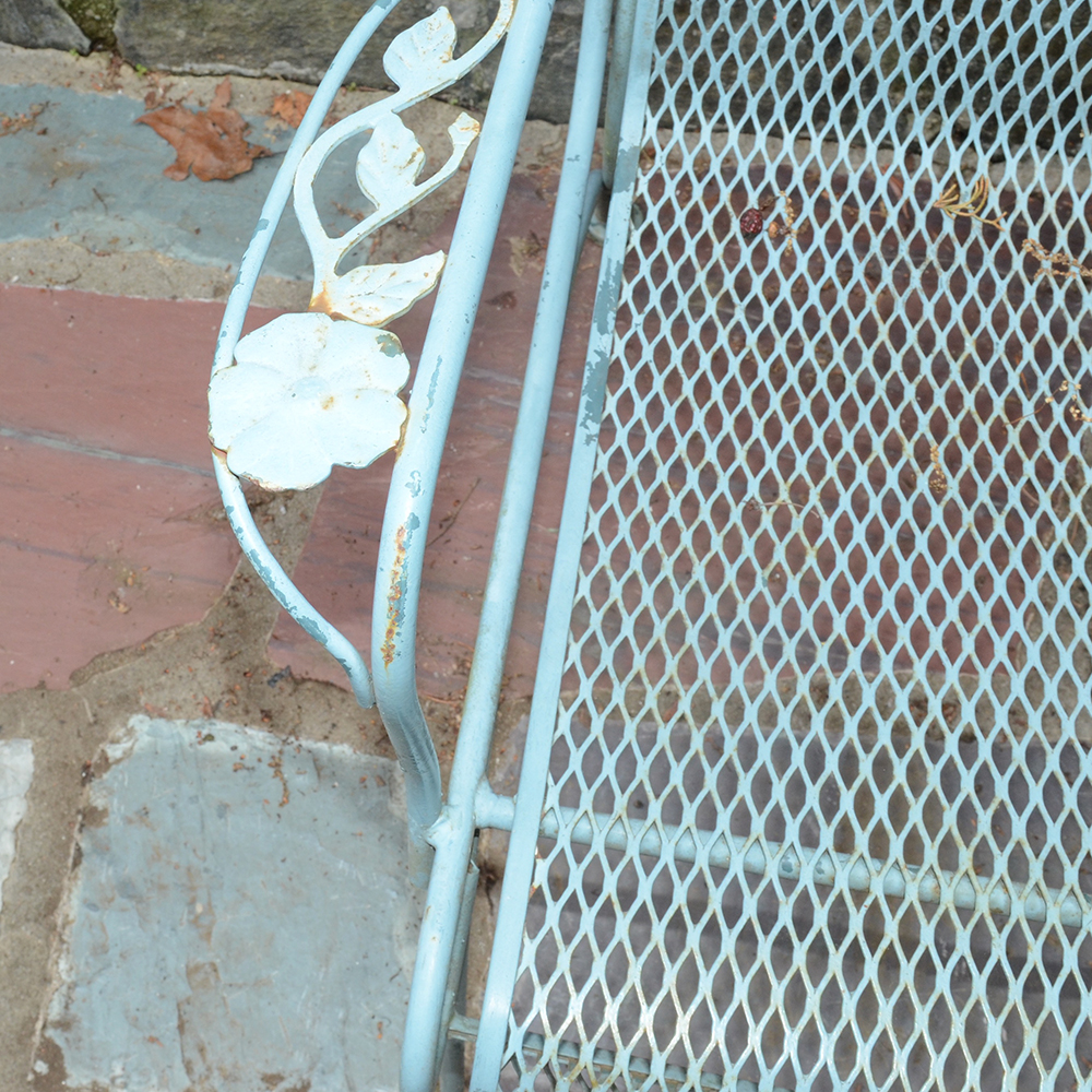Vintage Iron Patio Set With Umbrella, Chairs and Side Table