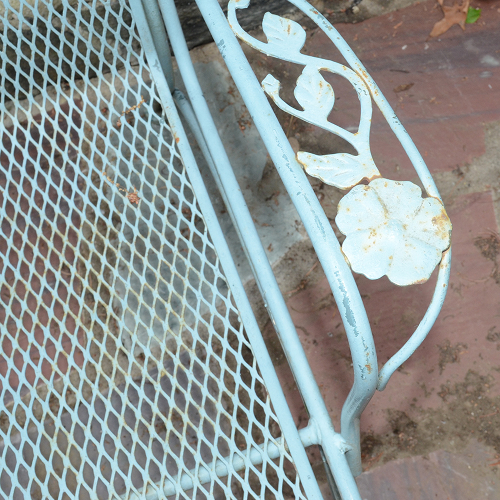 Vintage Iron Patio Set With Umbrella, Chairs and Side Table