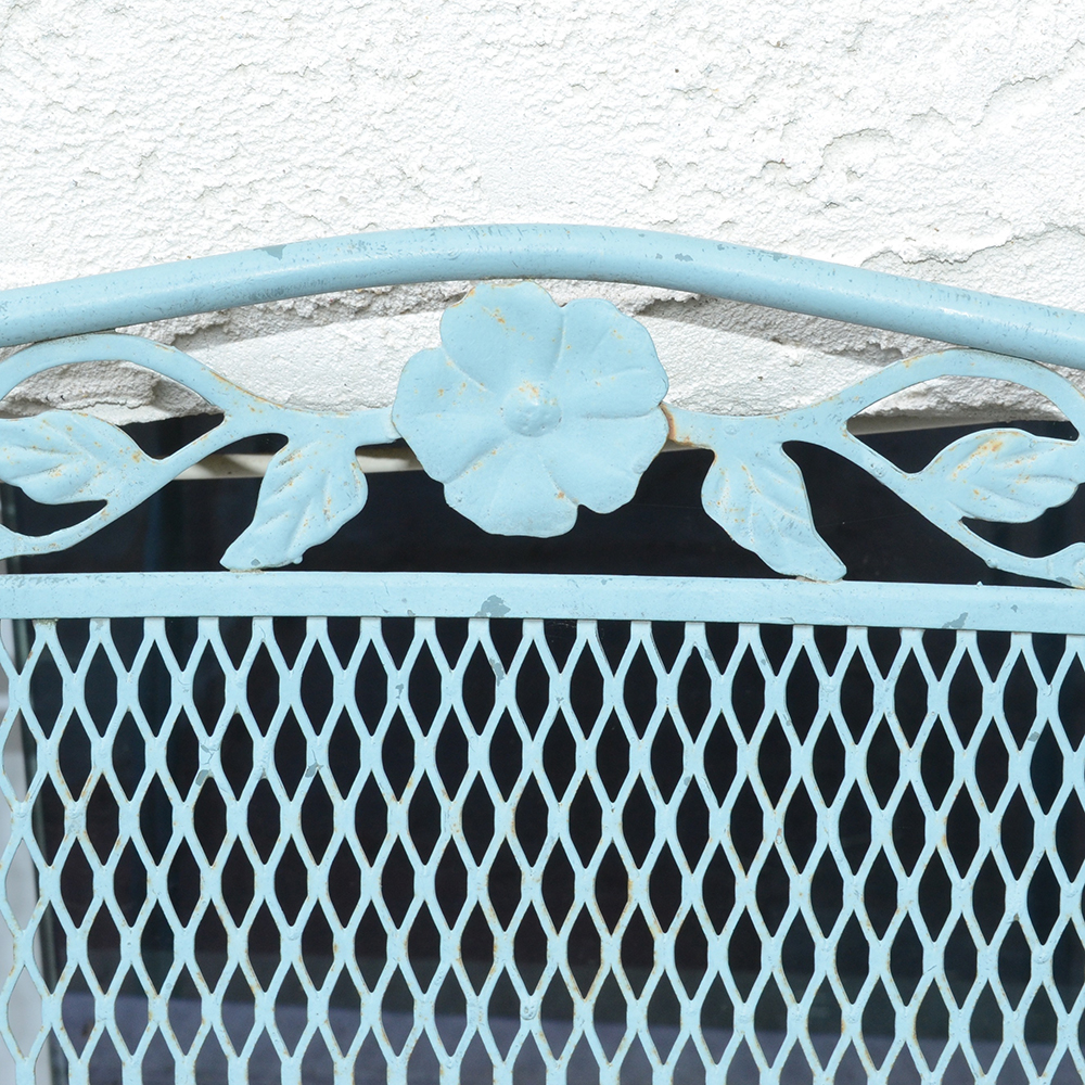 Vintage Iron Patio Set With Umbrella, Chairs and Side Table