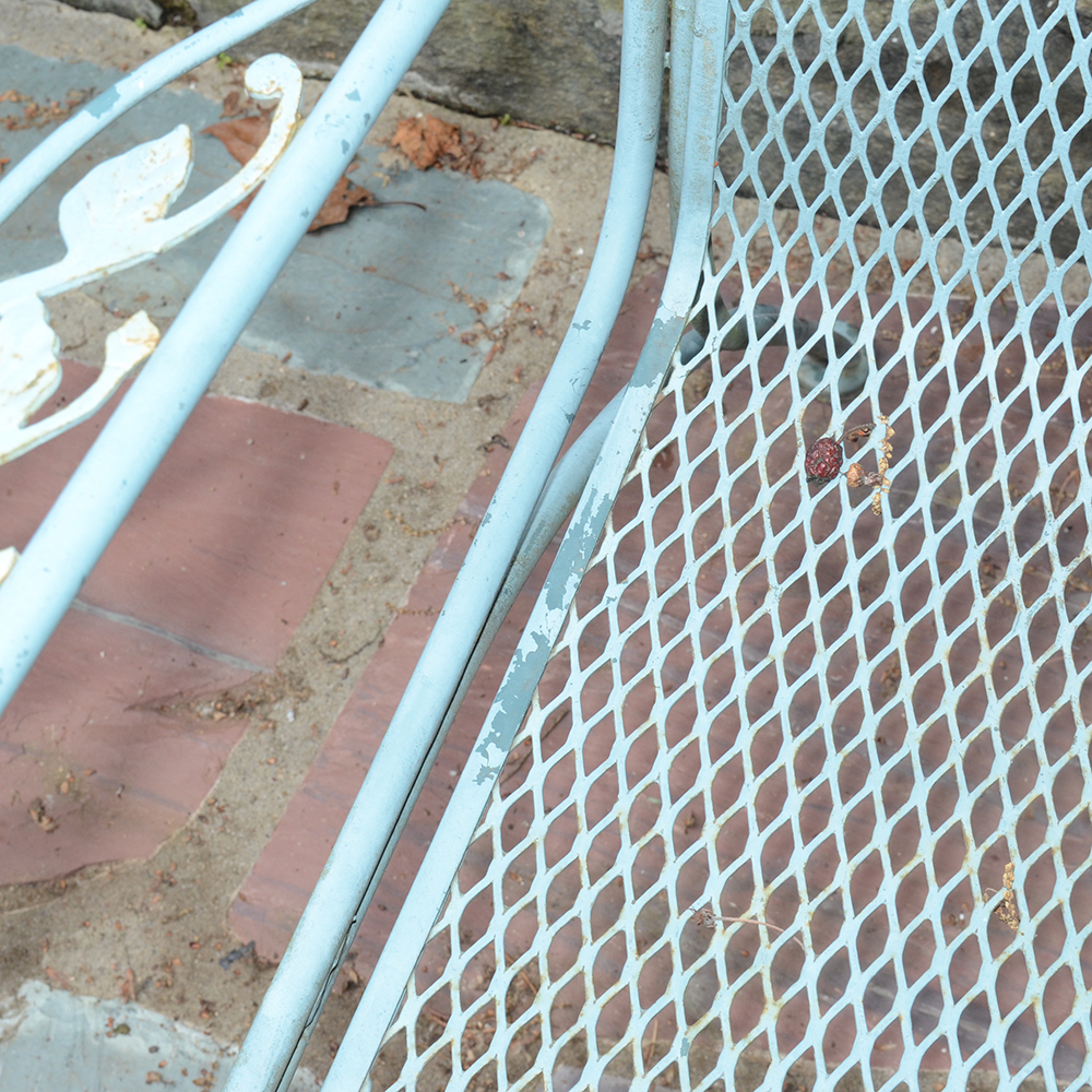 Vintage Iron Patio Set With Umbrella, Chairs and Side Table