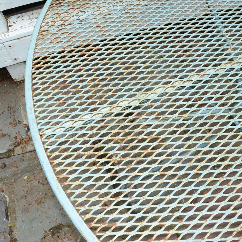 Vintage Iron Patio Set With Umbrella, Chairs and Side Table